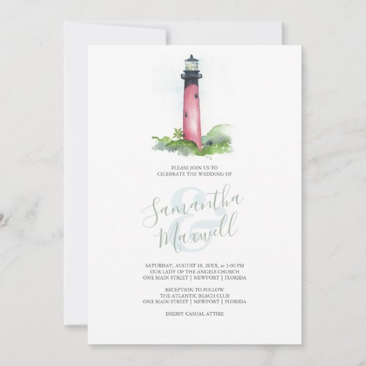 Beach Wedding Invitation Watercolor Lighthouse Einladung (Vorderseite)