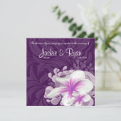 Beach Wedding Invite Plumeria Blume Lila Blätter Einladung (Stehend Vorderseite)