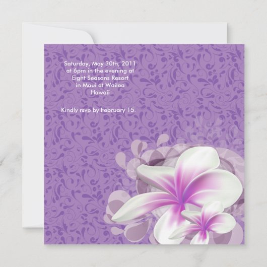 Beach Wedding Invite Plumeria Blume Lila Wirbel Einladung (Rückseite)