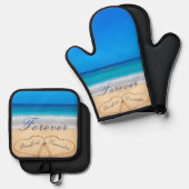 Beach Wedding / Jubiläum Keepake Herz Sand Ofenhandschuh & Topflappen-Set (Vorderseite/Rückseite)