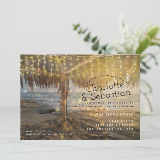 Beach Wedding Light String Personalisiert Einladung (Stehend Vorderseite)