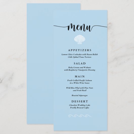 Beach Wedding Menu Seashell Seaside Beach Blue Menükarte (Vorne/Hinten)