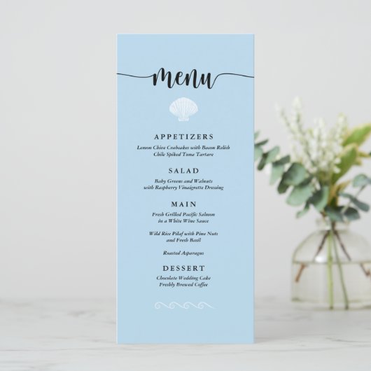 Beach Wedding Menu Seashell Seaside Beach Blue Menükarte (Stehend Vorderseite)