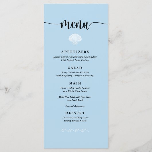 Beach Wedding Menu Seashell Seaside Beach Blue Menükarte (Vorderseite)