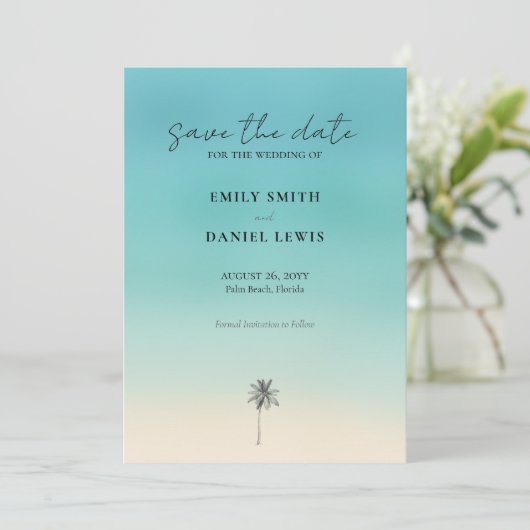 Beach Wedding 🌴 🌊 Minimalistische Save the Date Einladung (Stehend Vorderseite)