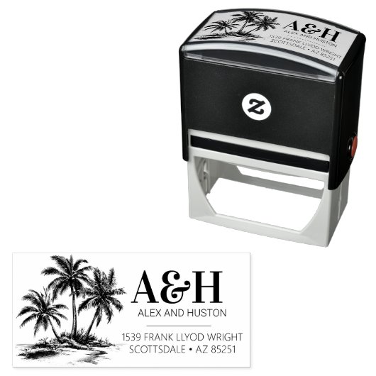 Beach Wedding Monogram Elegant Simple Palm Tree Permastempel (Beispiel)