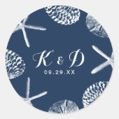 Beach Wedding Navy Blue Seashells Gastgeschenk Hoc Runder Aufkleber (Vorderseite)