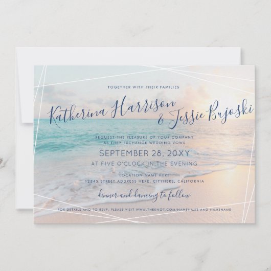 Beach Wedding Ocean Sunset Pink & Türkis Einladung (Vorderseite)