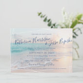 Beach Wedding Ocean Sunset Pink & Türkis Einladung (Stehend Vorderseite)
