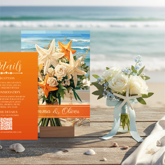 Beach Wedding Orange Starfish Bouquet Details Card Begleitkarte