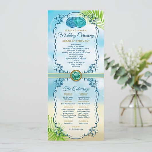 Beach Wedding Order of Ceremony Entourage Emerald Programm (Stehend Vorderseite)