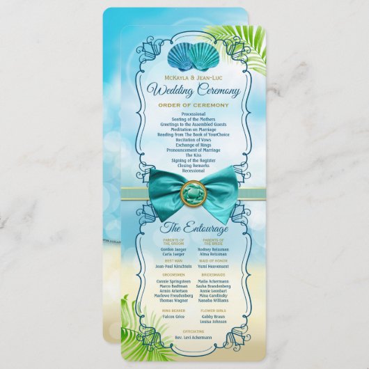 Beach Wedding Order of Ceremony Entourage Gem Bow Programm (Vorne/Hinten)