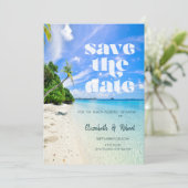 Beach Wedding Palm Boat Save the Date (Stehend Vorderseite)