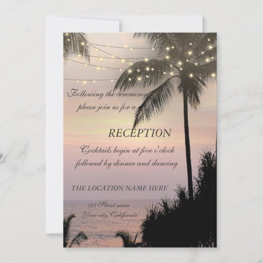 Beach Wedding Palms Sunset Empfang Einladung (Vorderseite)