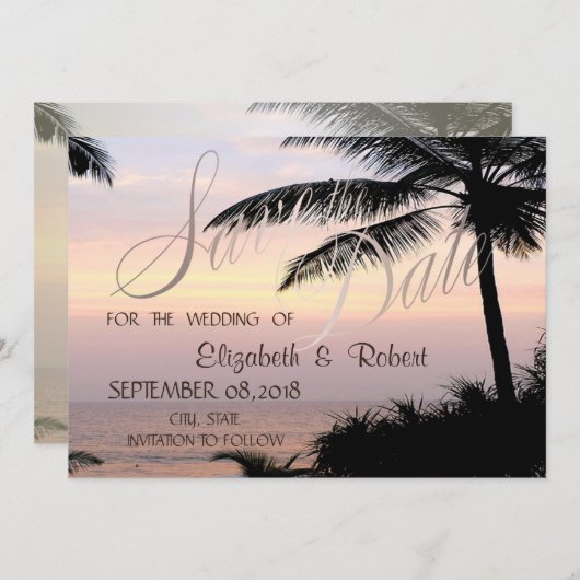 Beach Wedding Palms Sunset Save the Date (Vorne/Hinten)