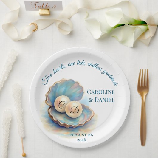Beach Wedding Pearls Muschel Elegantes Ocean Thema Pappteller (Hochzeit)