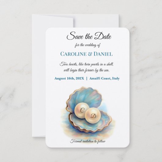 Beach Wedding Pearls Muschel Elegantes Ocean Thema Save The Date (Vorderseite)