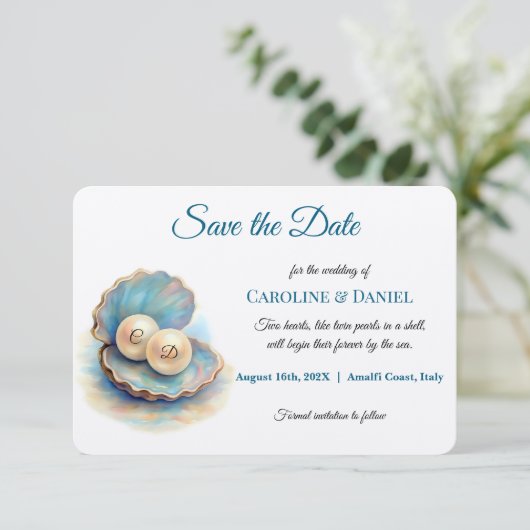 Beach Wedding Pearls Muschel Elegantes Ocean Thema Save The Date (Stehend Vorderseite)