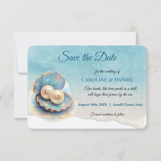 Beach Wedding Pearls Muschel Elegantes Ocean Thema Save The Date (Vorderseite)