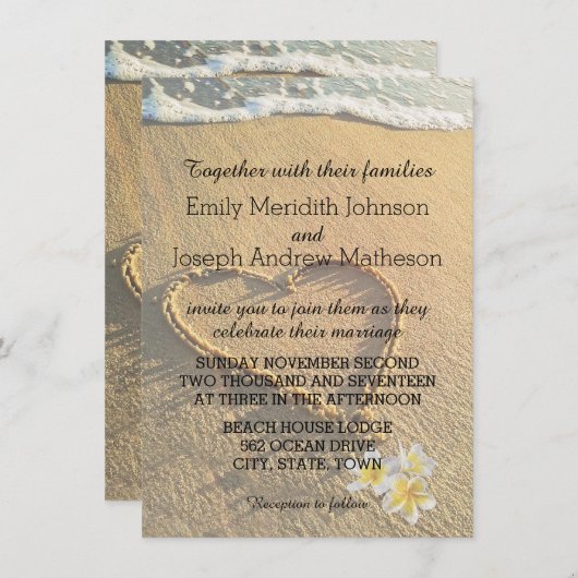 Beach Wedding Plumeria / Frangipani Sand and Sea Einladung (Vorne/Hinten)