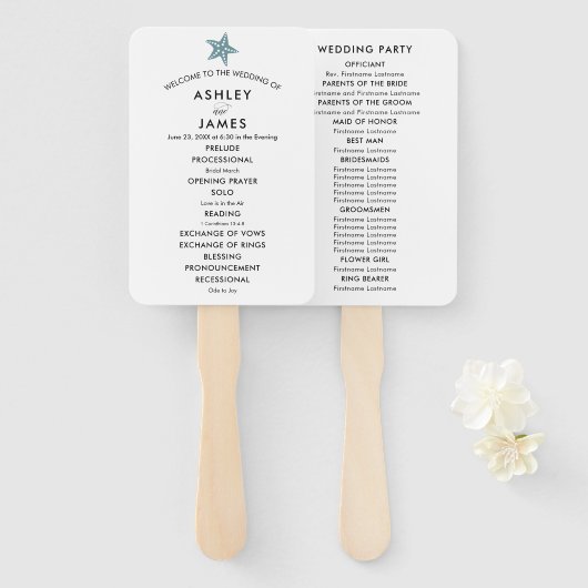 Beach Wedding Program Fan mit Starfish, Blue Gray Fächer (Vorne und Hinten)