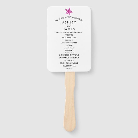 Beach Wedding Program Fan mit Starfish, Fuchsia Fächer (Vorderseite)