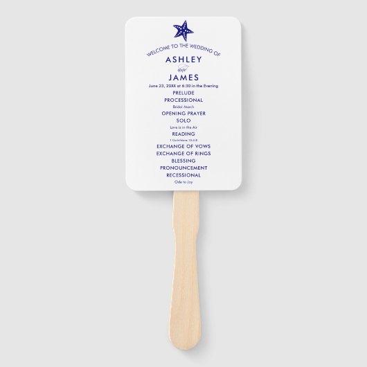 Beach Wedding Programm Fan mit Starfish, Navy Blue Fächer (Vorderseite)