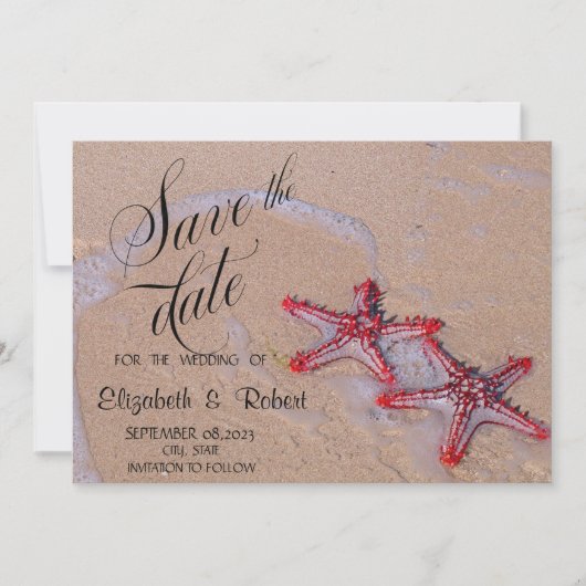 Beach Wedding Red Starfish Save the Date (Vorderseite)