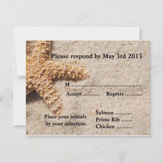 Beach Wedding Reply Cards - Starfish in Sand RSVP Karte (Vorderseite)