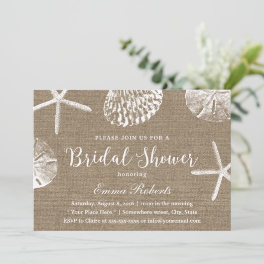 Beach Wedding Rustic Burlap Brautparty Einladung (Stehend Vorderseite)