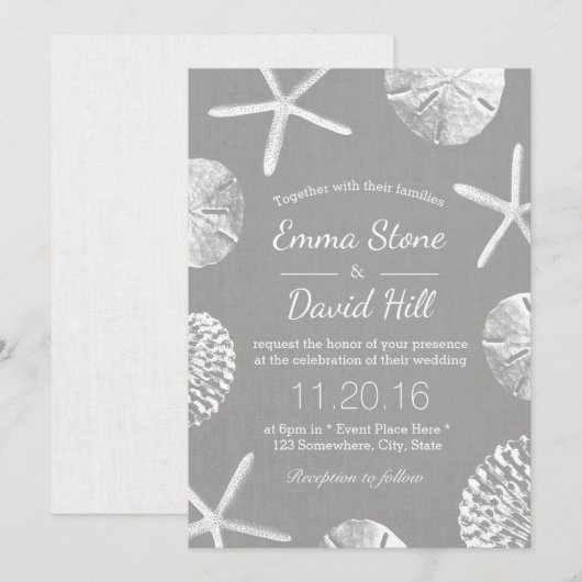 Beach Wedding Rustic Seashells Silver Linen Einladung (Vorne/Hinten)