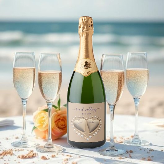 Beach Wedding Sand Hearts Schaumweinetikett