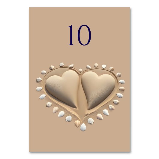 Beach Wedding Sand Hearts- Tischnummer (Vorderseite)