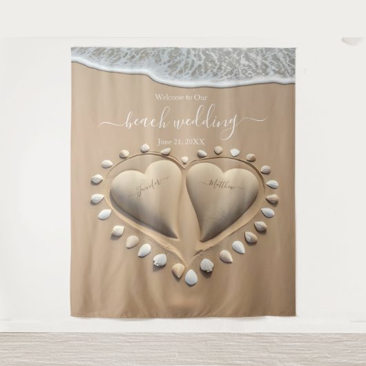 Beach Wedding Sand Hearts Wandteppich (Vorderseite)