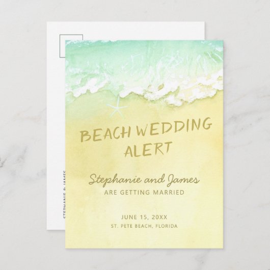 Beach Wedding Sand Ocean Waves Save the Date Ankündigungspostkarte (Vorne/Hinten)