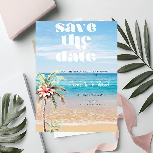 Beach Wedding, Sand, Palm Blume Save the Date