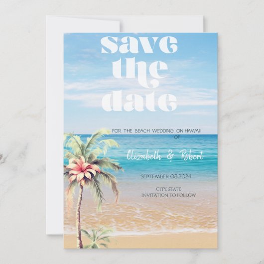 Beach Wedding, Sand, Palm Blume Save the Date (Vorderseite)