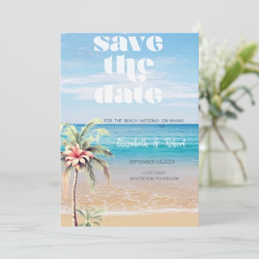 Beach Wedding, Sand, Palm Blume Save the Date (Stehend Vorderseite)