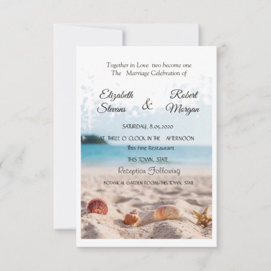 Beach Wedding, Sand, Seashells Einladung (Vorderseite)