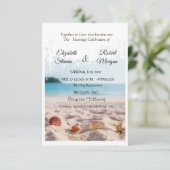 Beach Wedding, Sand, Seashells Einladung (Stehend Vorderseite)