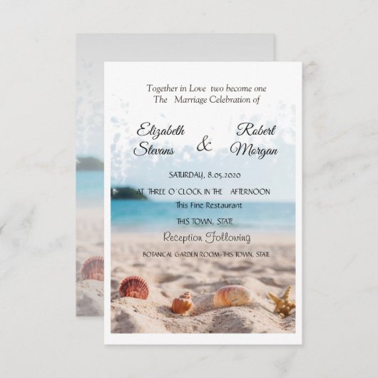 Beach Wedding, Sand, Seashells Einladung (Vorne/Hinten)