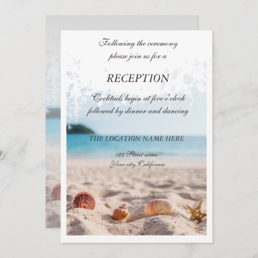 Beach Wedding, Sand, Seashells Empfang Einladung (Vorne/Hinten)