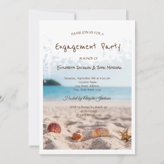 Beach Wedding, Sand, Seashells Verlobung Einladung (Vorderseite)