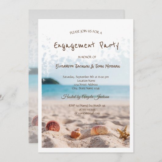 Beach Wedding, Sand, Seashells Verlobung Einladung (Vorne/Hinten)