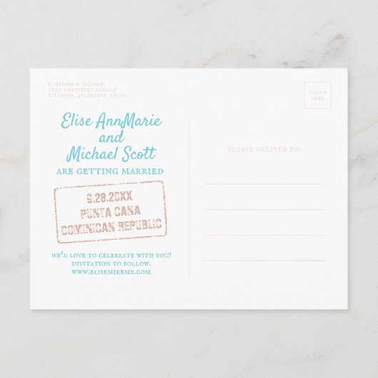 Beach Wedding Sandy Palm Tree Save the Date Ankündigungspostkarte (Rückseite)