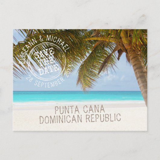 Beach Wedding Sandy Palm Tree Save the Date Ankündigungspostkarte (Vorderseite)