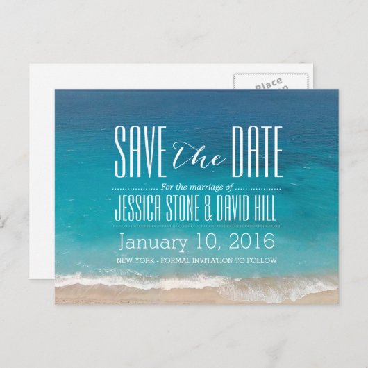 Beach Wedding Save the Date Ankündigungspostkarte (Vorne/Hinten)