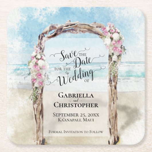 Beach Wedding Save the Date Pastel Watercolor Rechteckiger Pappuntersetzer (Vorderseite)