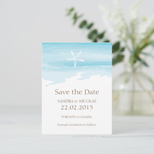 Beach Wedding Save the Date Postcard Ankündigungspostkarte (Stehend Vorderseite)