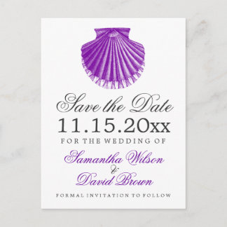 Beach Wedding Save the Date Scallop Muschel Lila Ankündigungspostkarte